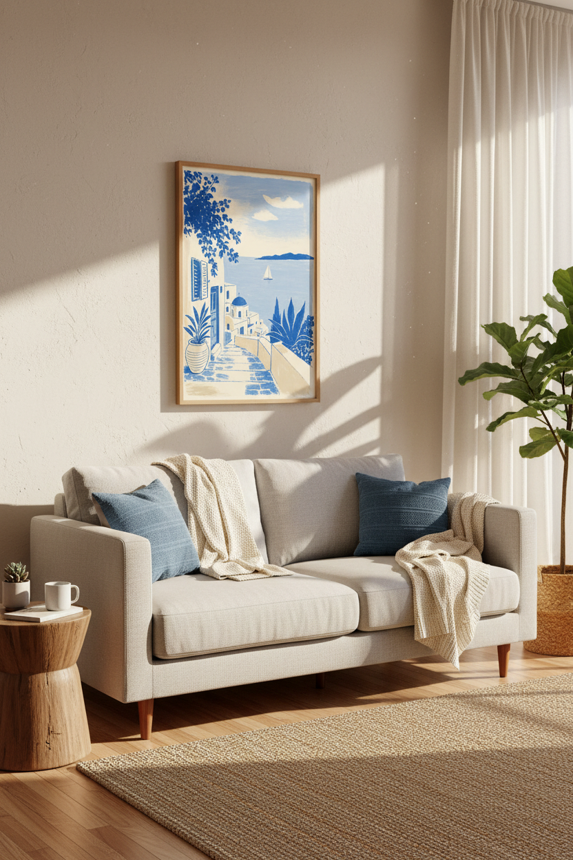 Greece Santorini Coastal Art | Blue &amp; White Mediterranean Print, Travel Decor