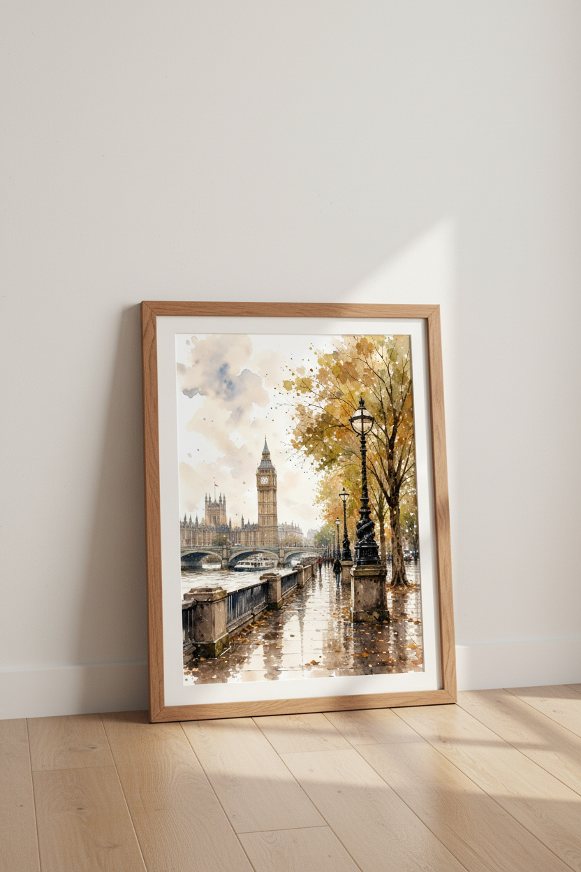 Big Ben London Watercolor Art | Autumn Cityscape Print, Travel Poster Decor