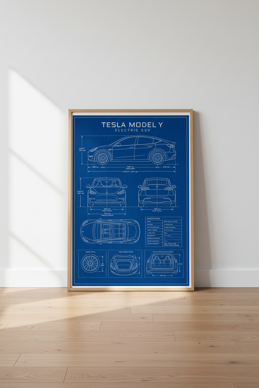 Tesla Model Y Blueprint Wall Art | Electric SUV Schematic, Office Garage Decor