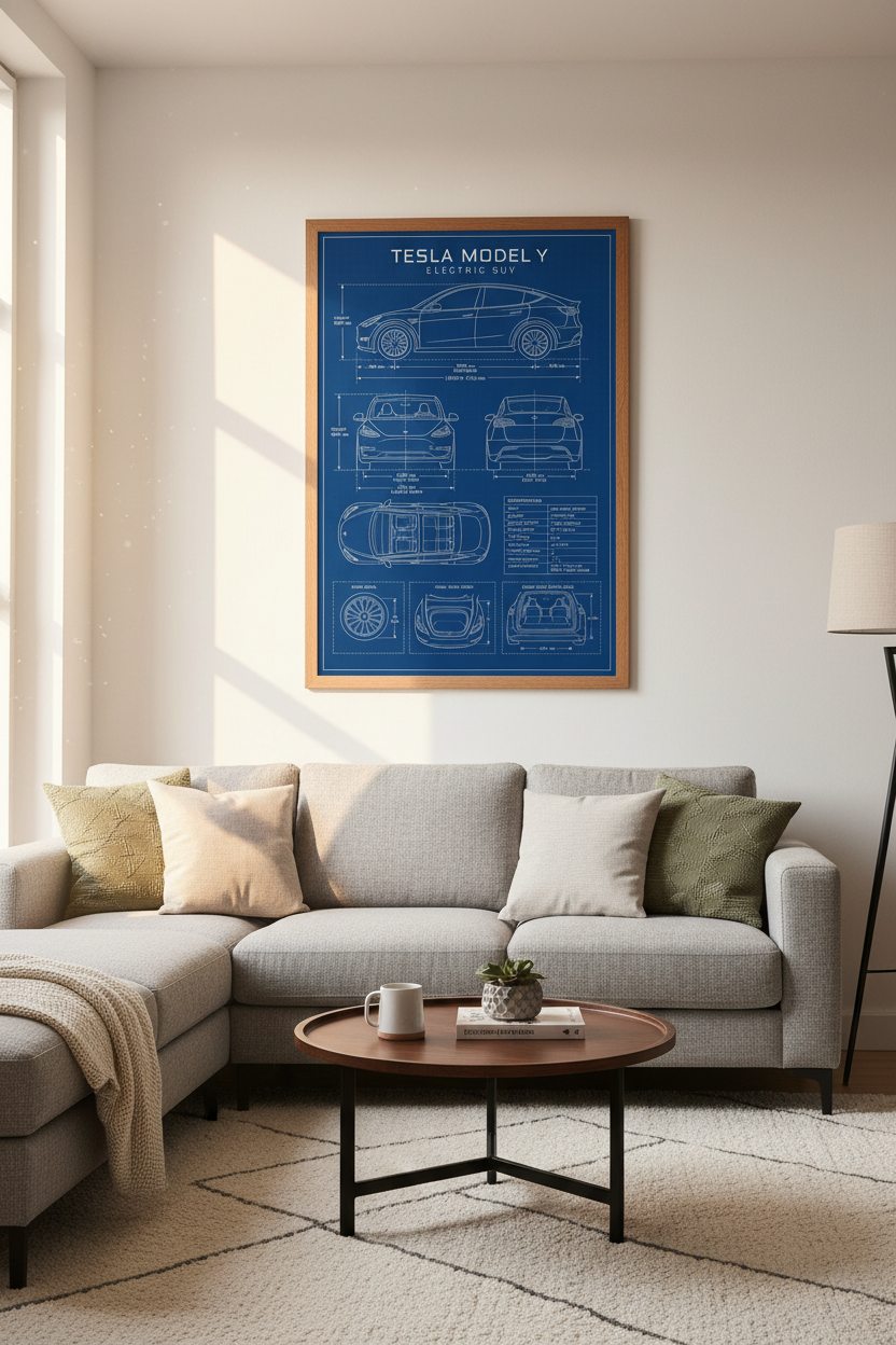 Tesla Model Y Blueprint Wall Art | Electric SUV Schematic, Office Garage Decor
