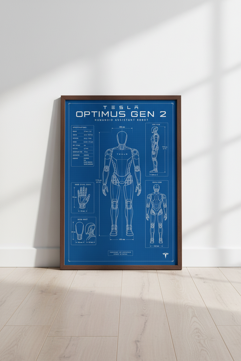 Tesla Optimus Gen 2 Blueprint Art | Robot Tech Poster, Blue Office Decor