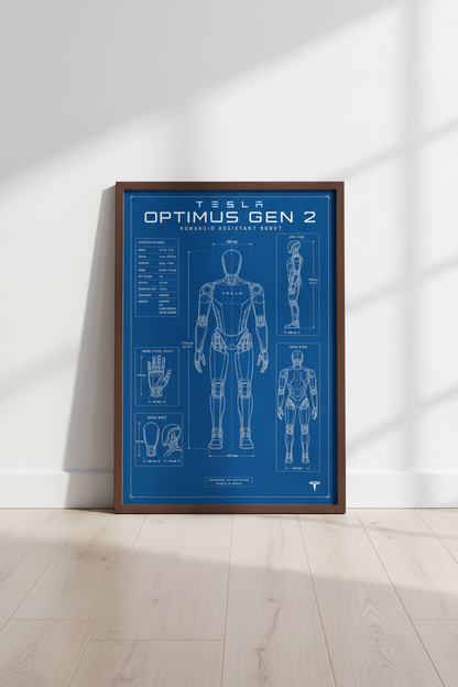 Tesla Optimus Gen 2 Blueprint Art | Robot Tech Poster, Blue Office Decor