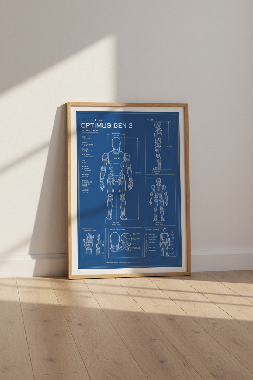 Tesla Optimus Blueprint Wall Art | Robot Schematic Poster, Office Decor