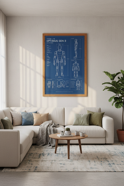 Tesla Optimus Blueprint Wall Art | Robot Schematic Poster, Office Decor
