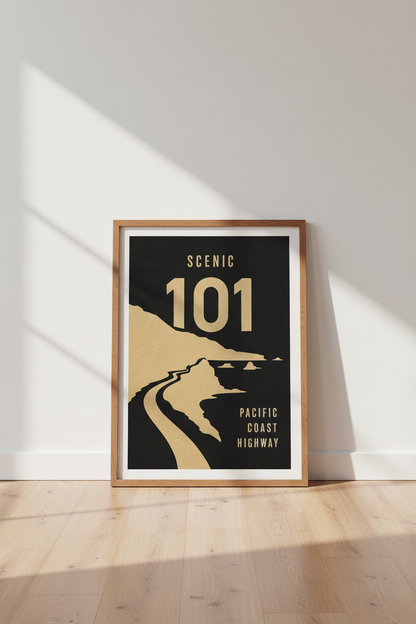 Pacific Coast Highway 101 Wall Art | Minimalist Black Gold Decor | California Travel