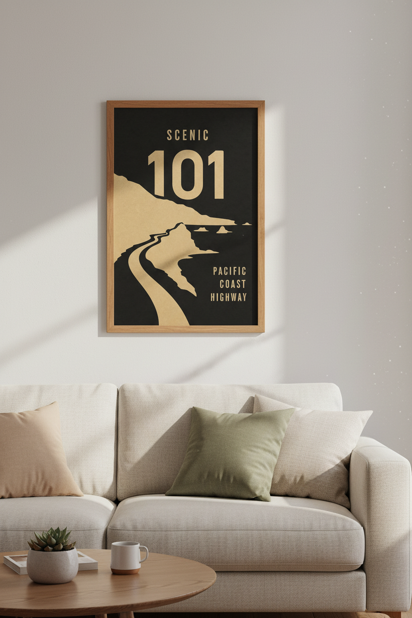 Pacific Coast Highway 101 Wall Art | Minimalist Black Gold Decor | California Travel