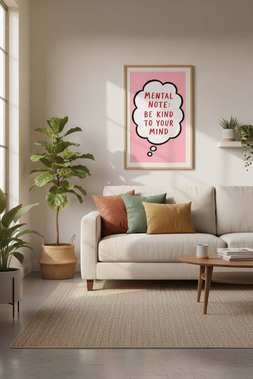 Mental Note Be Kind To Your Mind Art Print | Pink Therapy Decor | Aesthetic Poster