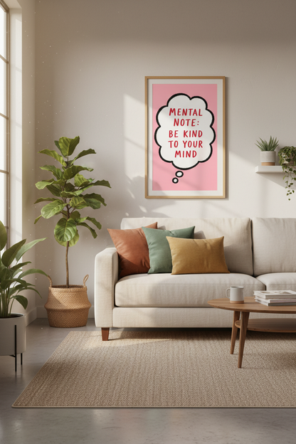 Mental Note Be Kind To Your Mind Art Print | Pink Therapy Decor | Aesthetic Poster