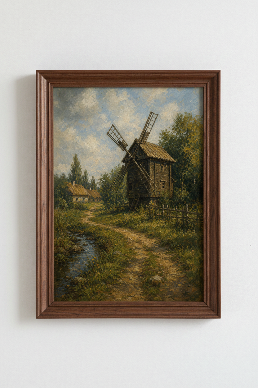windmill wall art | Impressionist scene, warm hues, living room decor