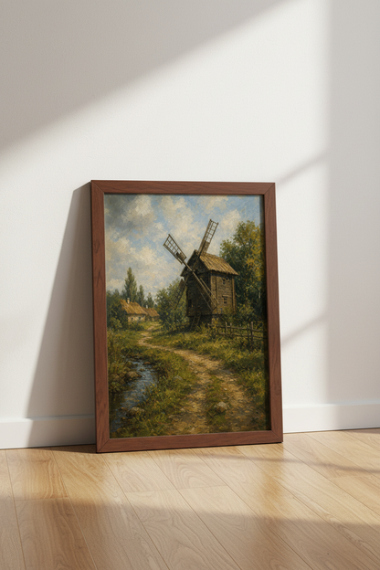 windmill wall art | Impressionist scene, warm hues, living room decor