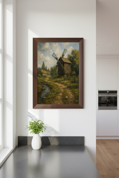 windmill wall art | Impressionist scene, warm hues, living room decor