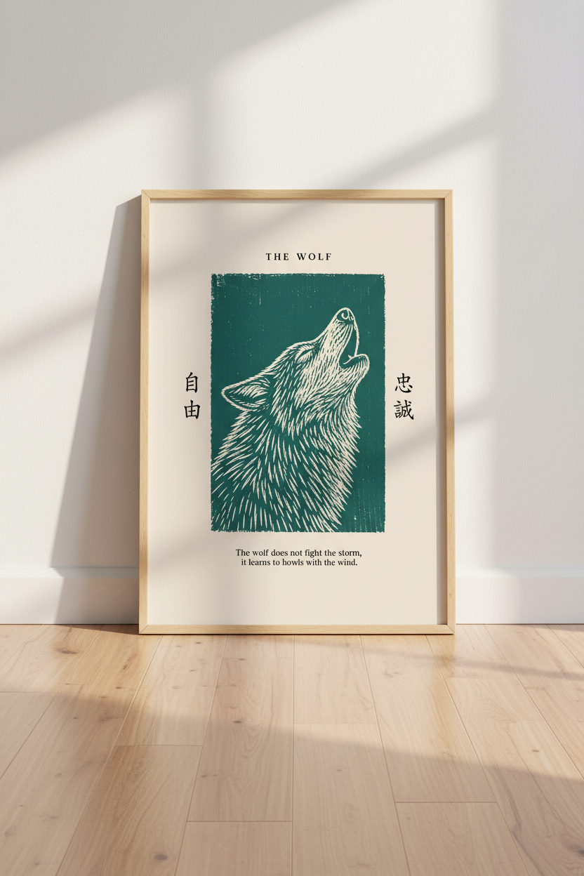 Linocut Wolf Wall Art Print | Living Room Decor | Minimalist Teal Poster