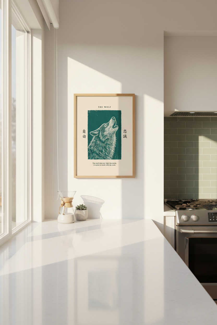 Linocut Wolf Wall Art Print | Living Room Decor | Minimalist Teal Poster