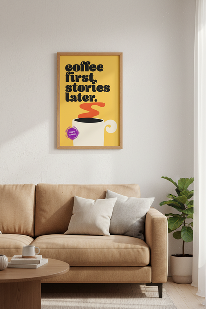 Retro Coffee First Wall Art Print | Kitchen Coffee Bar Decor | Mid Century Poster