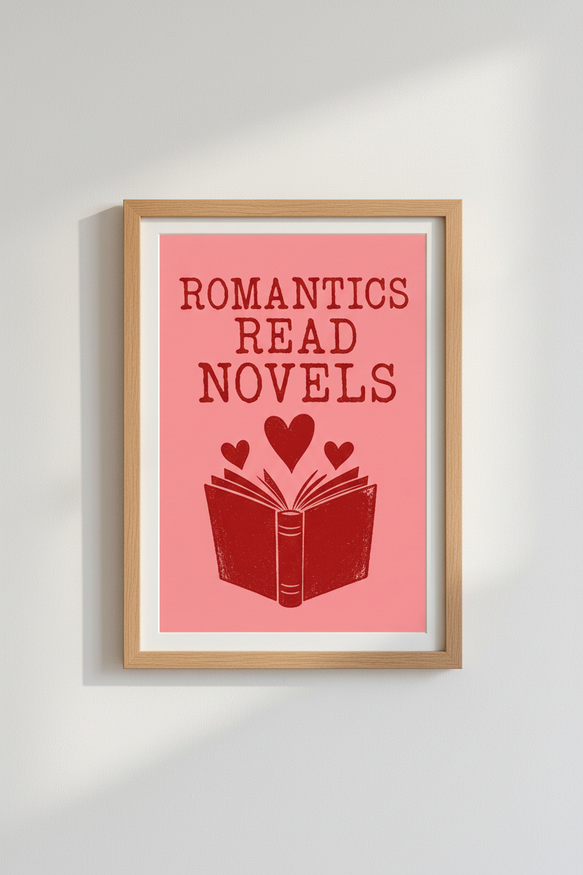Romantics Read Novels Wall Art | Bookish Bedroom Decor | Pink &amp; Red Poster