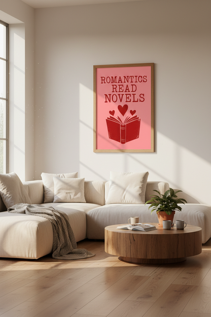 Romantics Read Novels Wall Art | Bookish Bedroom Decor | Pink &amp; Red Poster