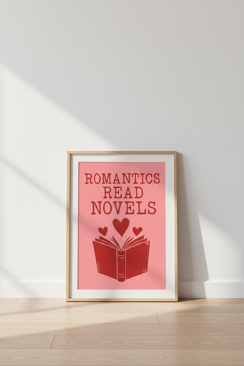 Romantics Read Novels Wall Art | Bookish Bedroom Decor | Pink &amp; Red Poster