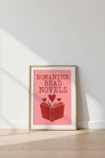 Romantics Read Novels Wall Art | Bookish Bedroom Decor | Pink &amp; Red Poster