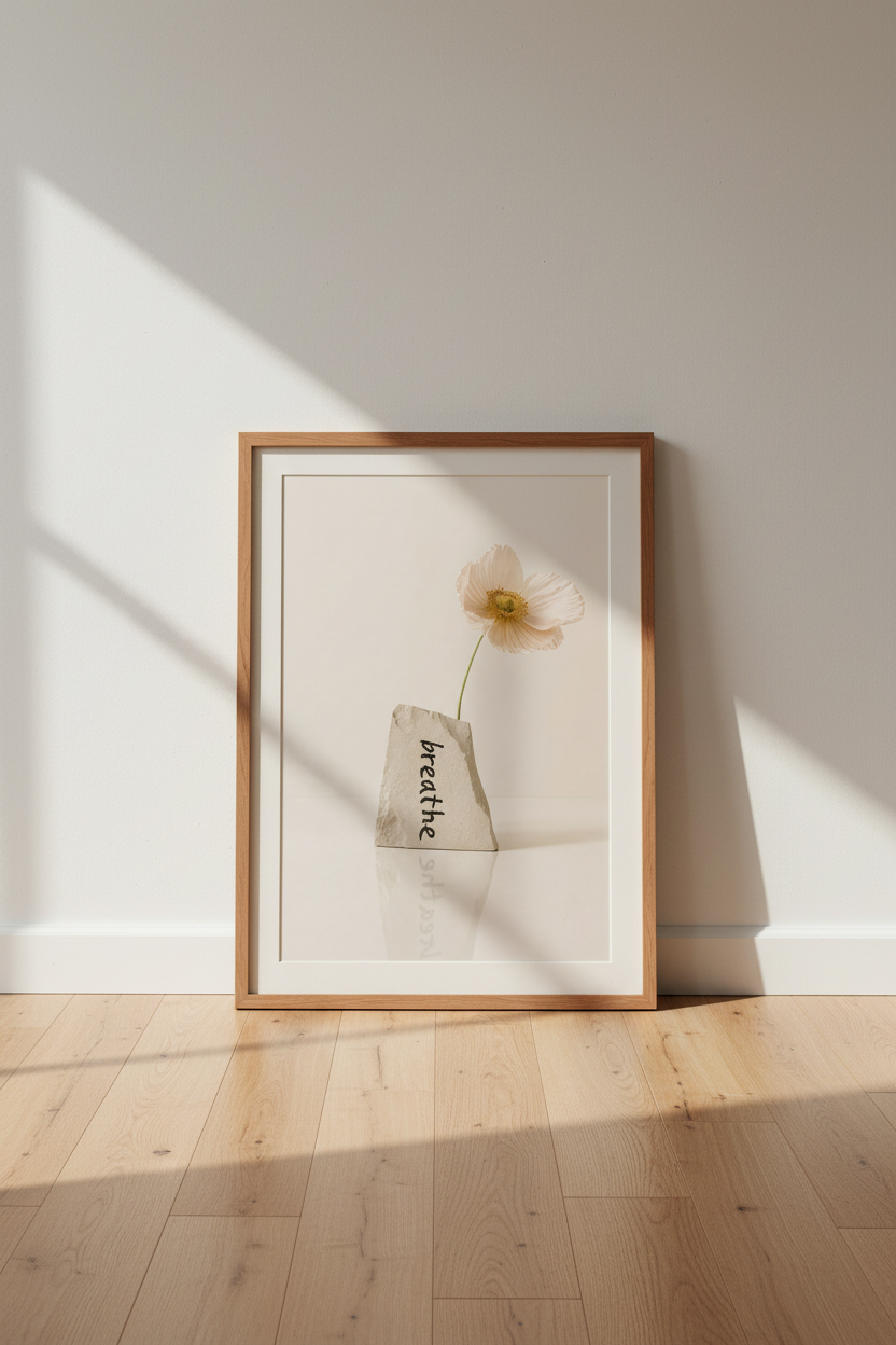 Breathe Poppy Flower Art | Minimalist Neutral Poster, Zen Yoga Room Decor
