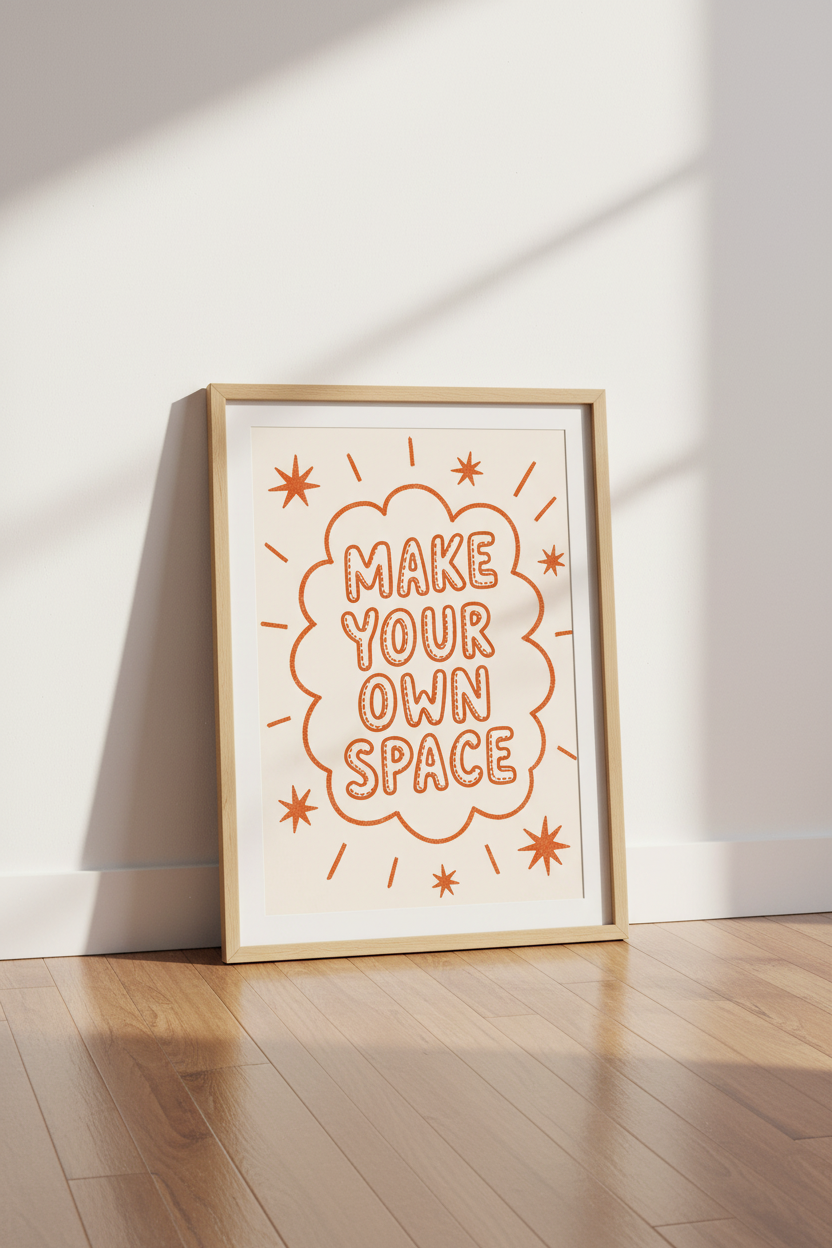 Make Your Own Space | Retro Orange Typography, Living Room Decor