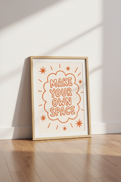 Make Your Own Space | Retro Orange Typography, Living Room Decor