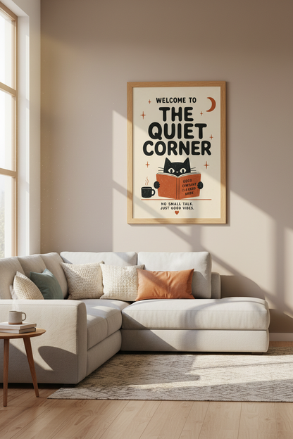 The Quiet Corner Cat Print | Retro Book Lover Wall Art | Reading Nook Decor
