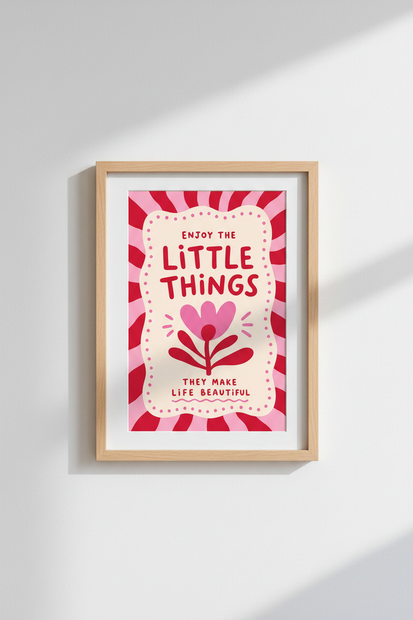 Enjoy The Little Things Flower Print | Retro Pink Red Poster, Funky Dorm Decor
