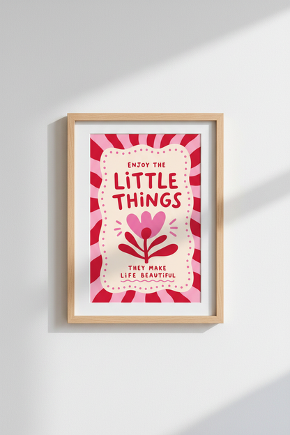 Enjoy The Little Things Flower Print | Retro Pink Red Poster, Funky Dorm Decor