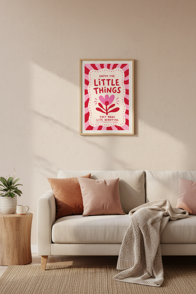 Enjoy The Little Things Flower Print | Retro Pink Red Poster, Funky Dorm Decor