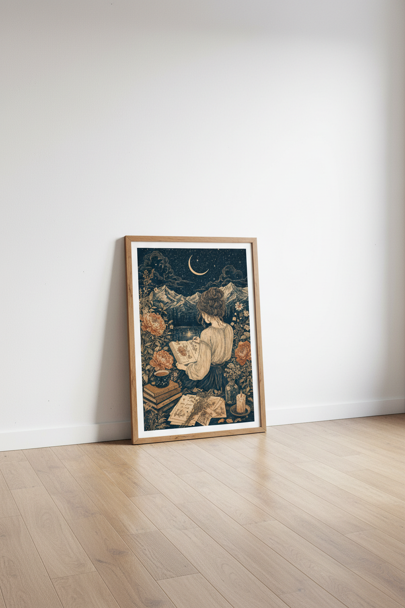 Botanical Girl Nature Art | Dark Cottagecore Celestial Print, Moon Lake Wall Decor