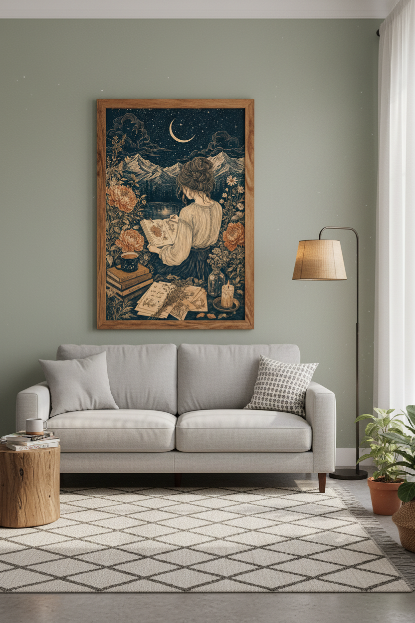 Botanical Girl Nature Art | Dark Cottagecore Celestial Print, Moon Lake Wall Decor