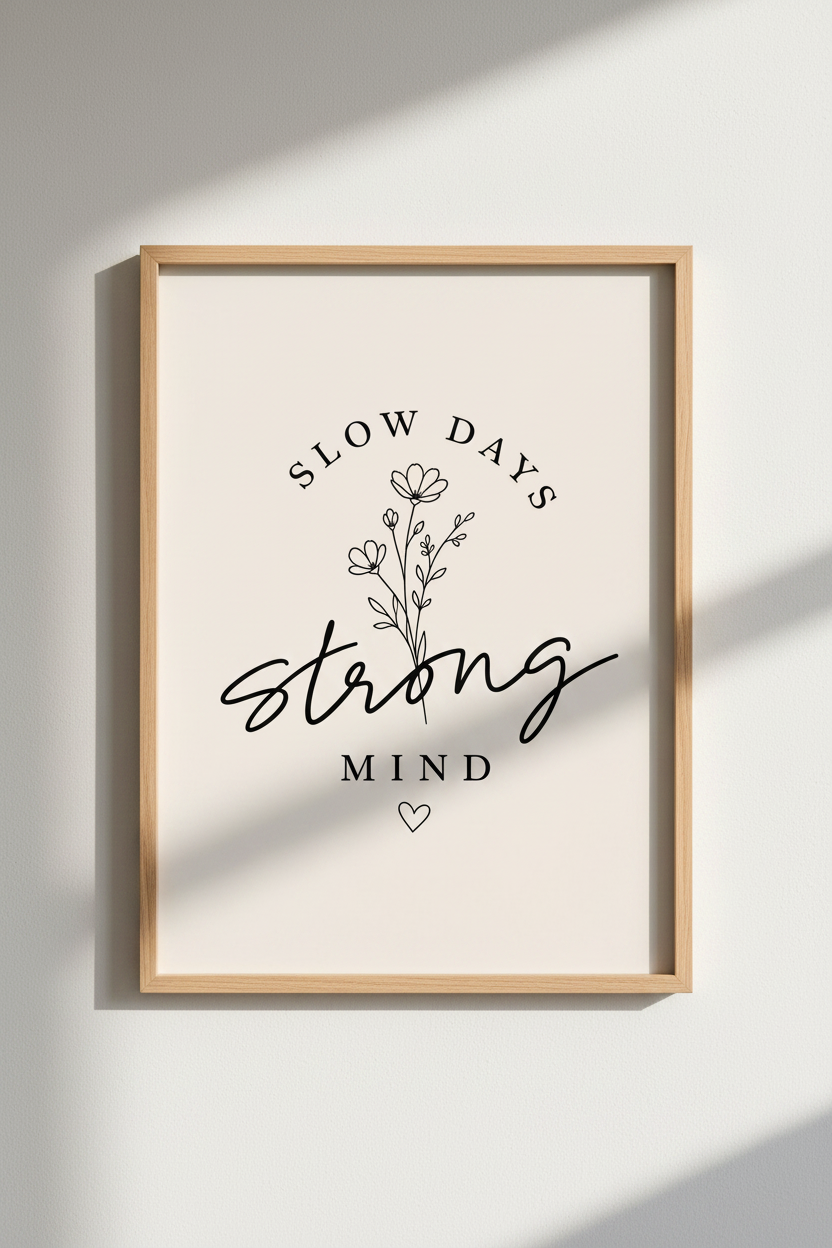 Slow Days Strong Mind Wall Art | Minimalist Botanical Quote, Office Decor