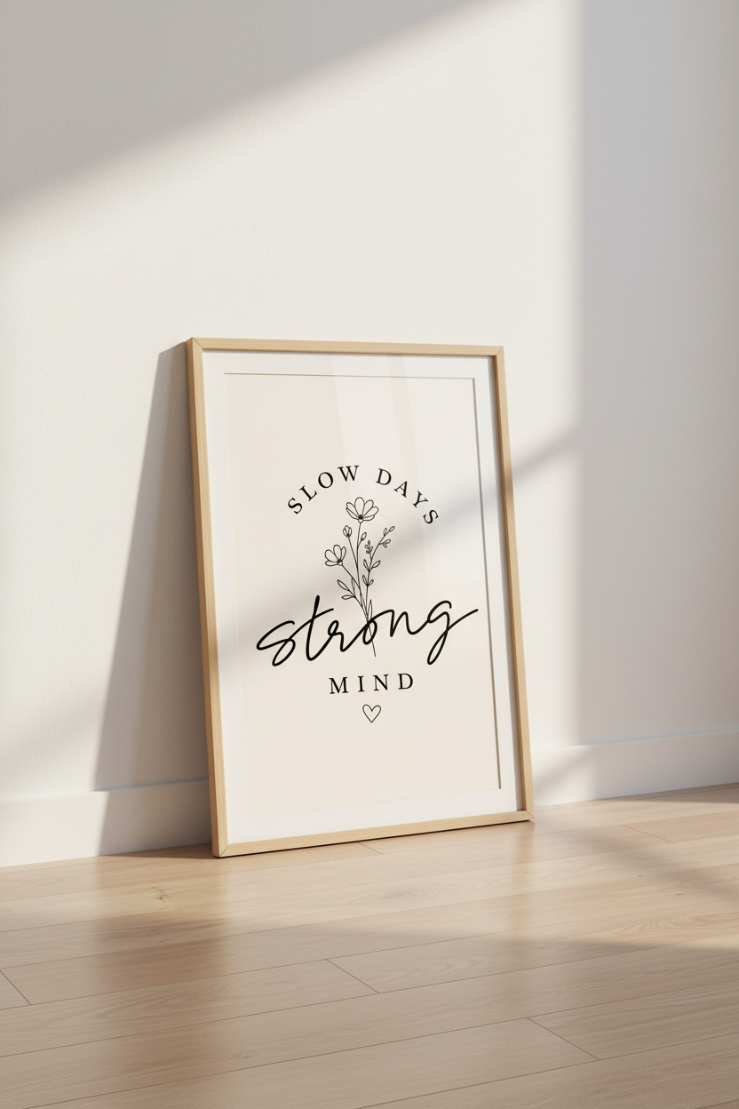 Slow Days Strong Mind Wall Art | Minimalist Botanical Quote, Office Decor