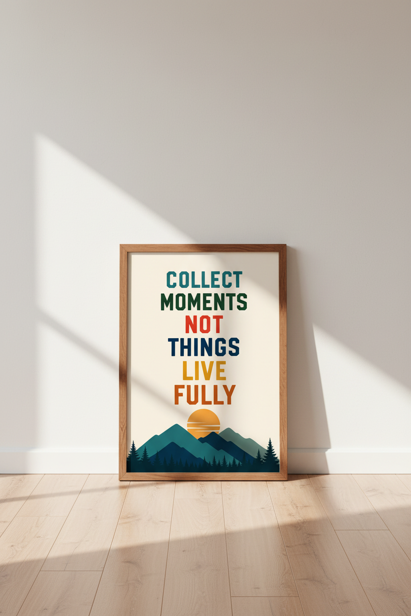 Collect Moments Mountain Wall Art | Retro Sunset Quote Poster, Office Decor