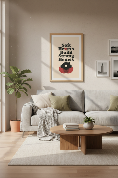 Soft Hearts Wall Art | Bold Typography, Neutral Palette | Living Room Decor