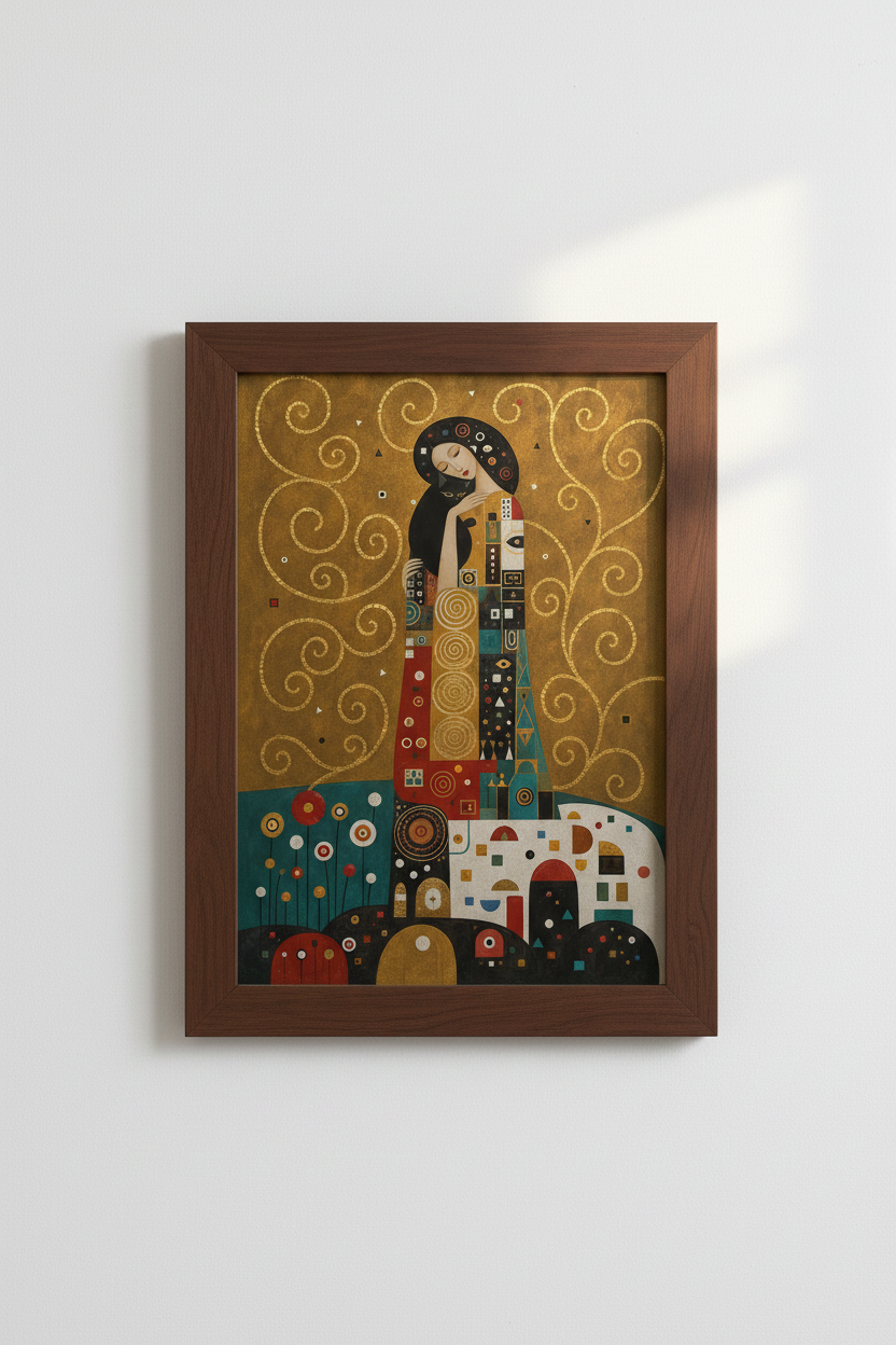 Geometric Woman with Cat Wall Art Print | Living Room Decor | Gilded Deco Poster