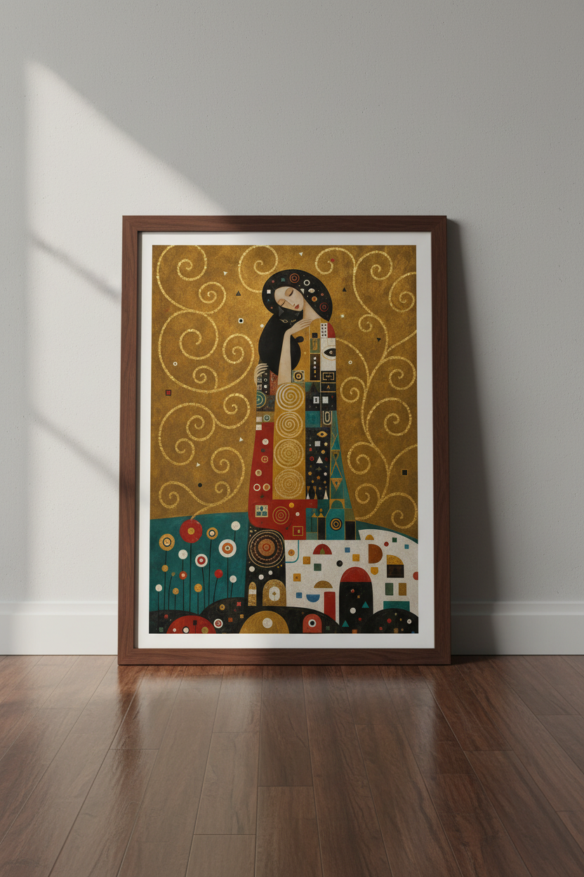 Geometric Woman with Cat Wall Art Print | Living Room Decor | Gilded Deco Poster