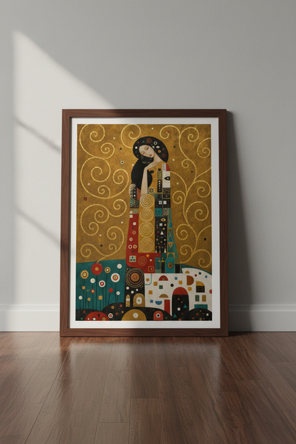 Geometric Woman with Cat Wall Art Print | Living Room Decor | Gilded Deco Poster