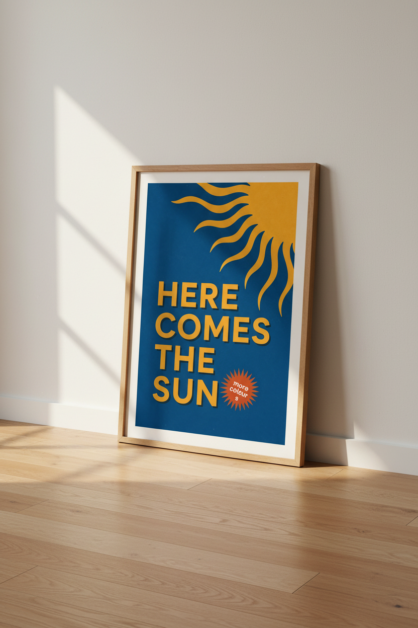 Here Comes the Sun Wall Art | Retro Navy &amp; Gold Poster | Modern Nursery Decor