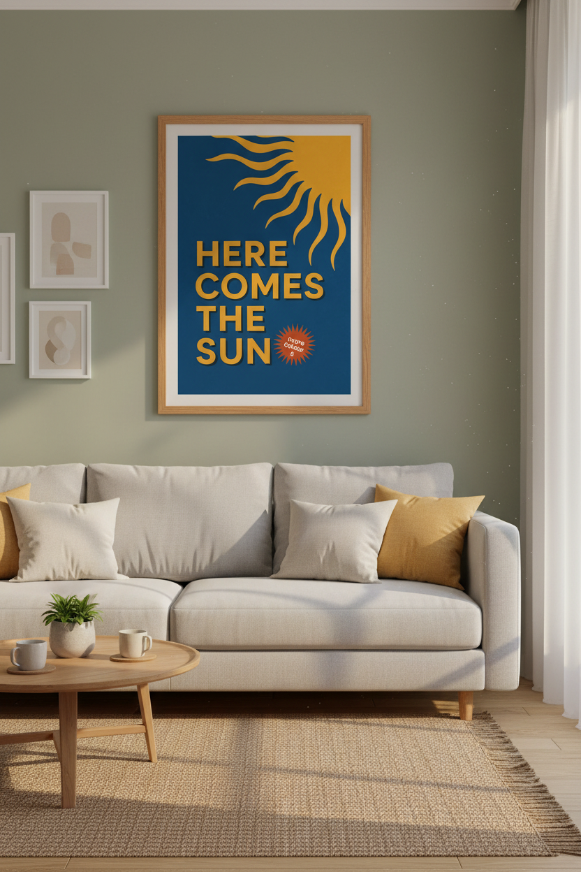 Here Comes the Sun Wall Art | Retro Navy &amp; Gold Poster | Modern Nursery Decor