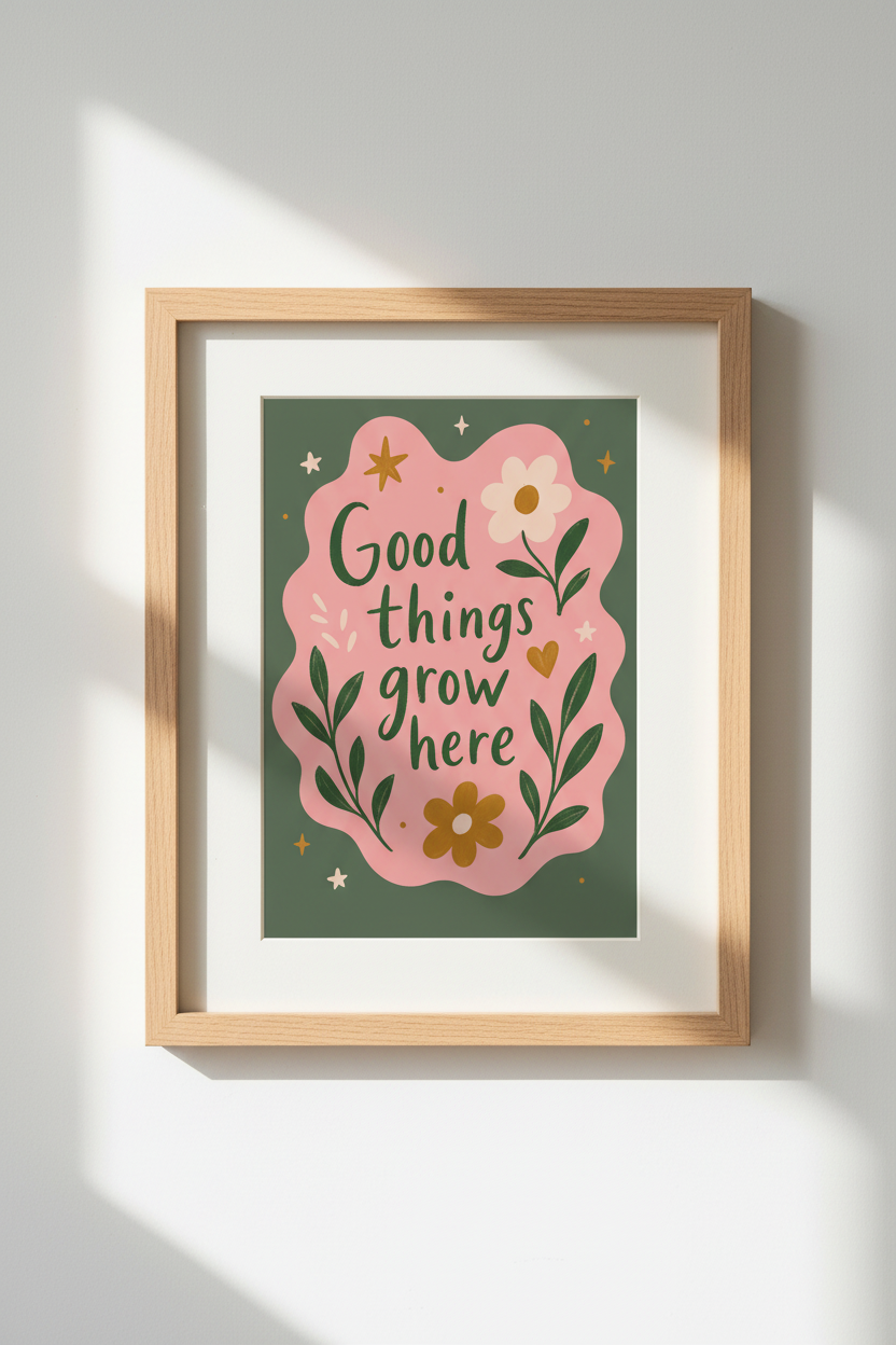 Retro Floral Art Print | Pink &amp; Green Quote Poster | Nursery &amp; Living Room Decor