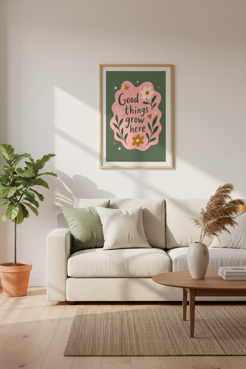 Retro Floral Art Print | Pink &amp; Green Quote Poster | Nursery &amp; Living Room Decor