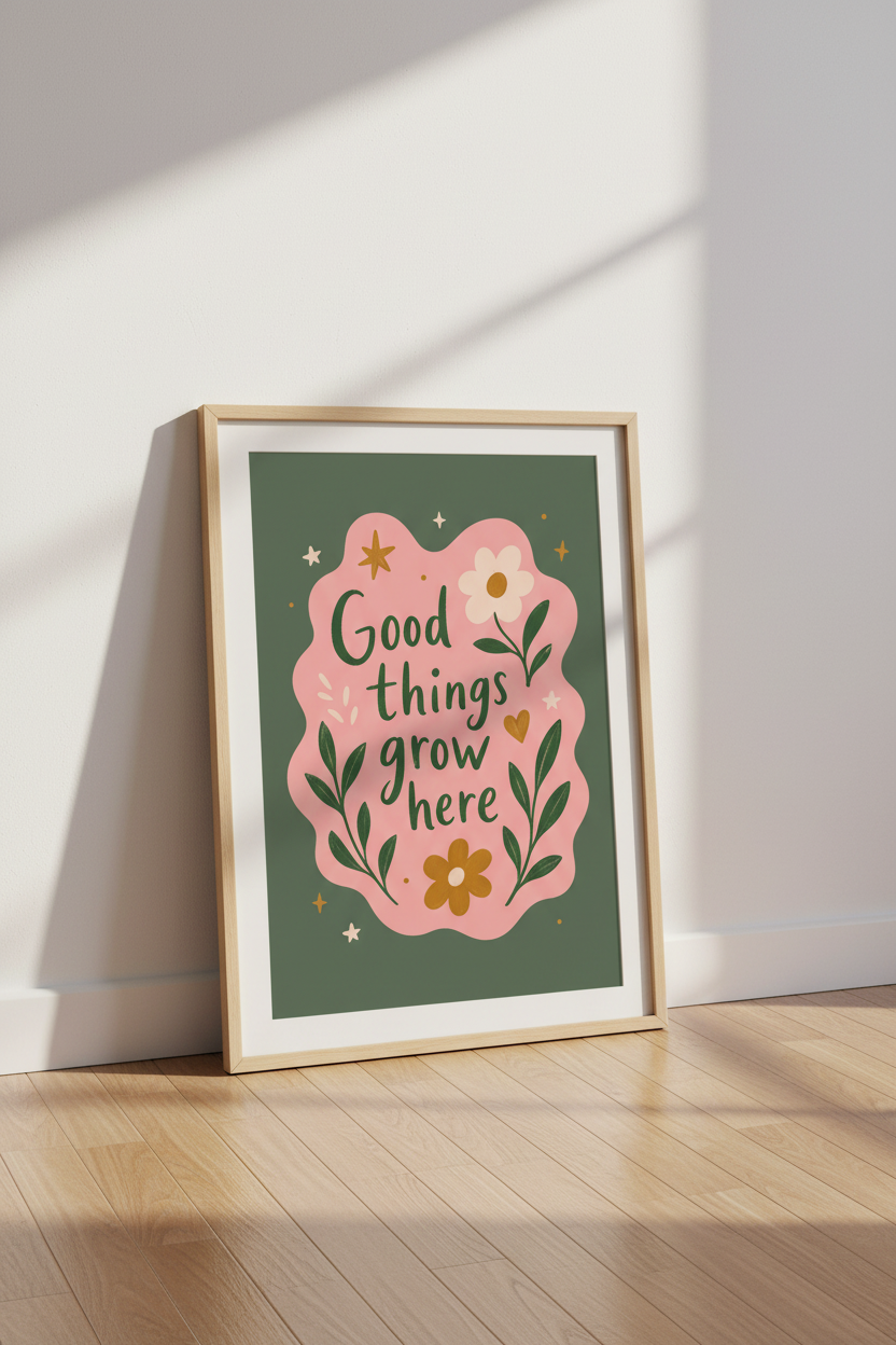 Retro Floral Art Print | Pink &amp; Green Quote Poster | Nursery &amp; Living Room Decor