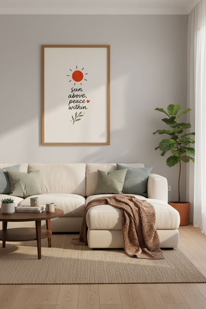Sun Above Peace Within Wall Art | Boho Sun Quote Poster, Yoga Room Decor