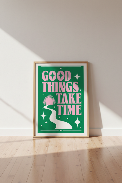 Good Things Take Time Wall Art | Pink &amp; Green Retro Decor | Positive Typography Poster