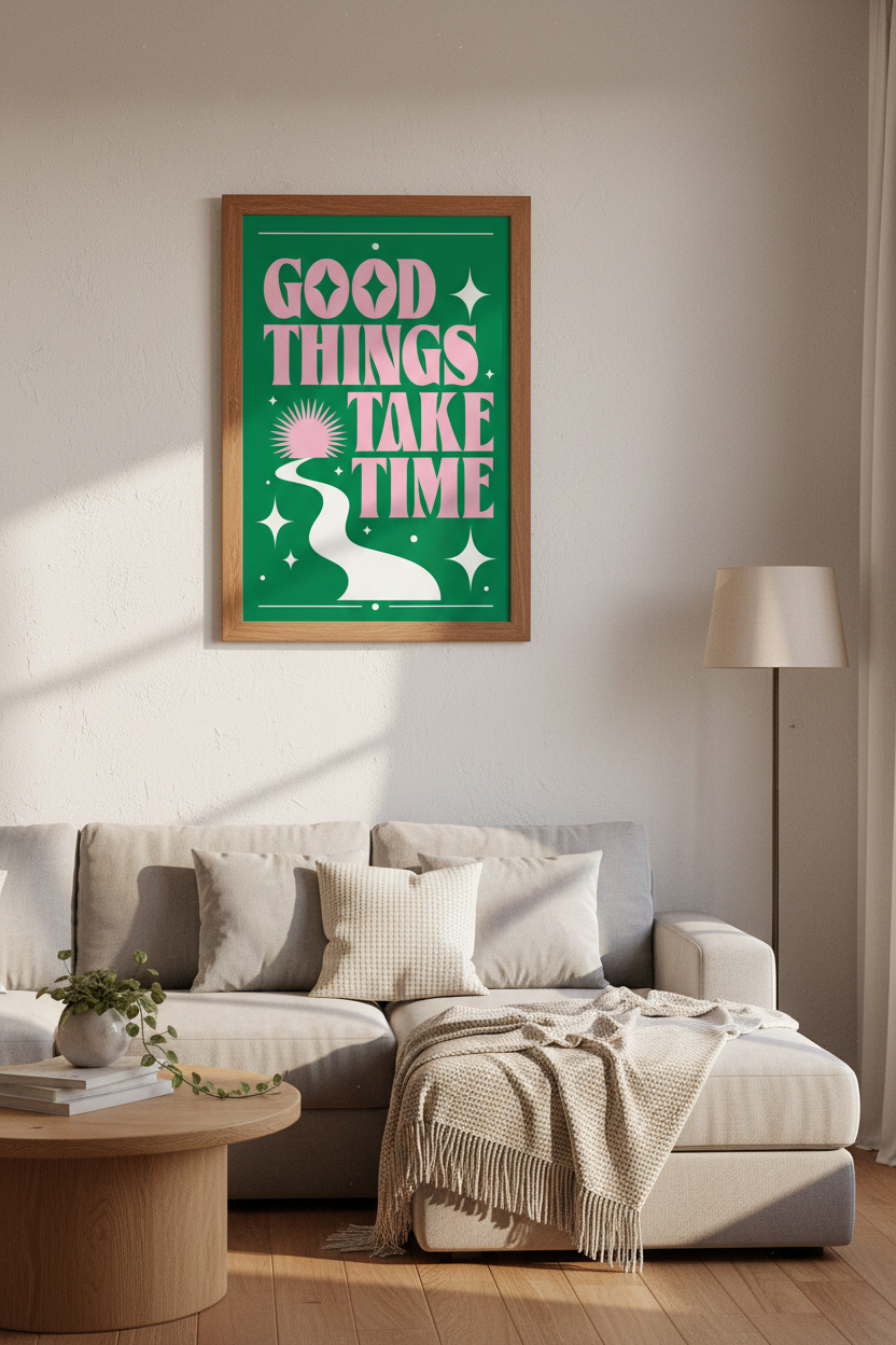 Good Things Take Time Wall Art | Pink &amp; Green Retro Decor | Positive Typography Poster