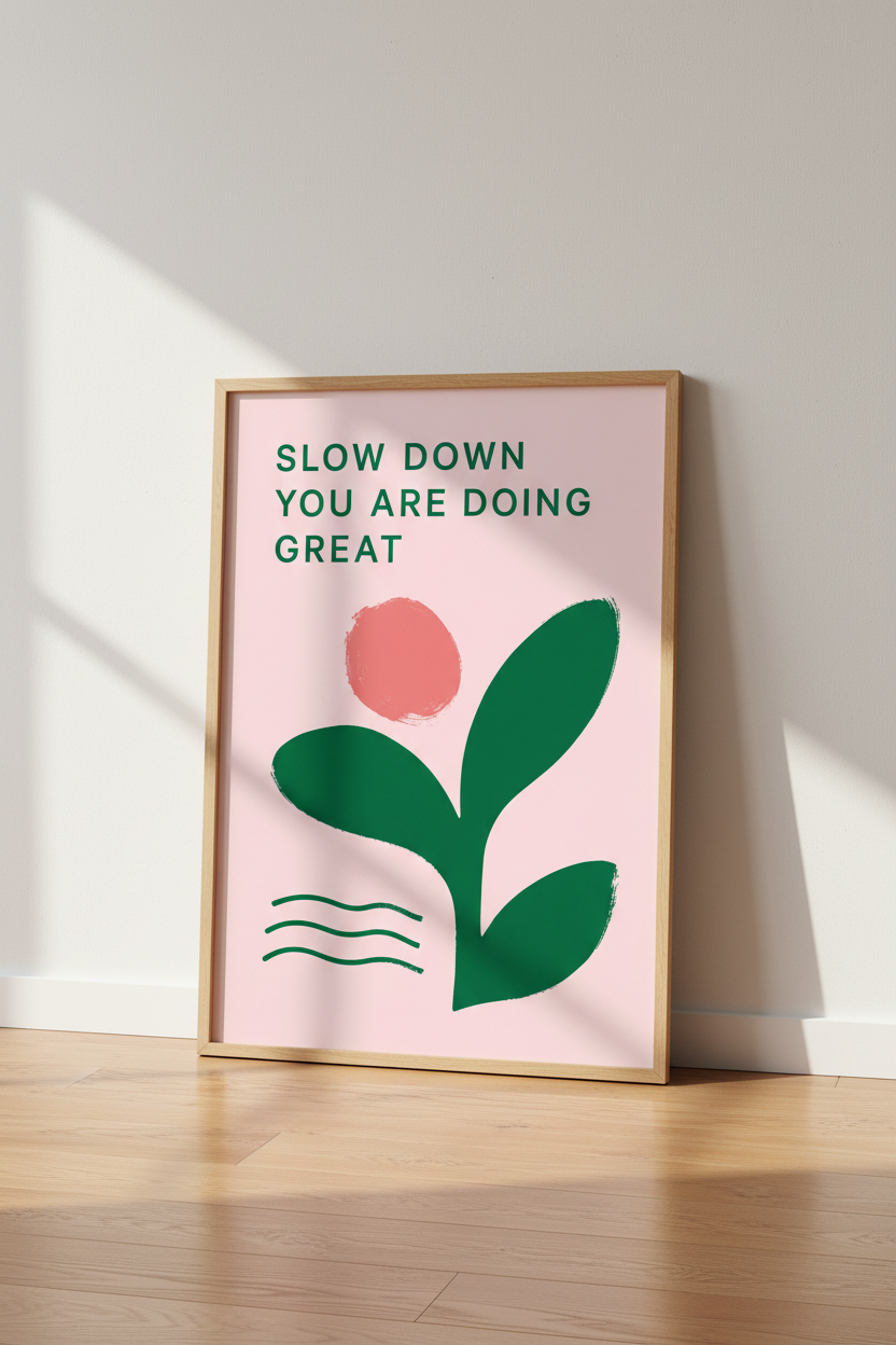 Slow Down You Are Doing Great | Green &amp; Pink Pastel Floral Art, Office Wall Decor