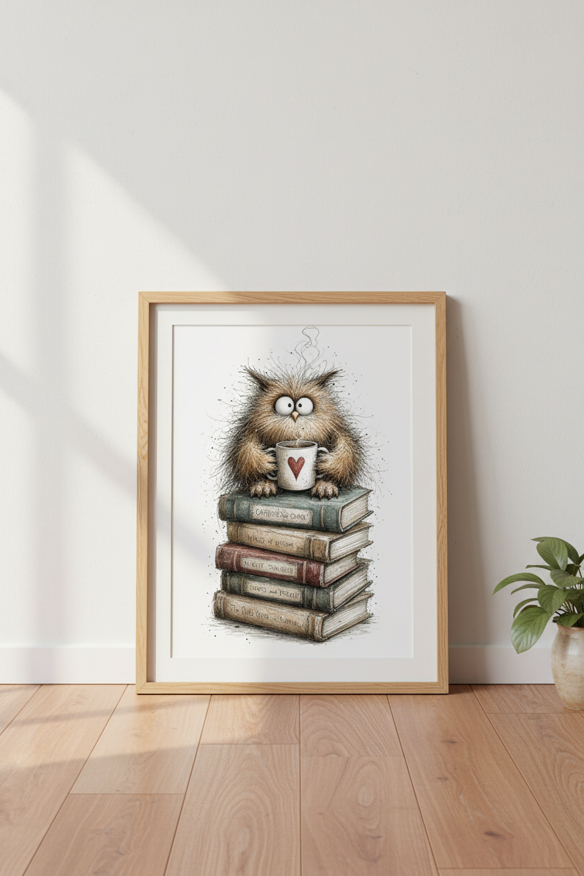 Funny Owl Coffee &amp; Books Wall Art | Dark Academia Decor | Whimsical Sketch Poster