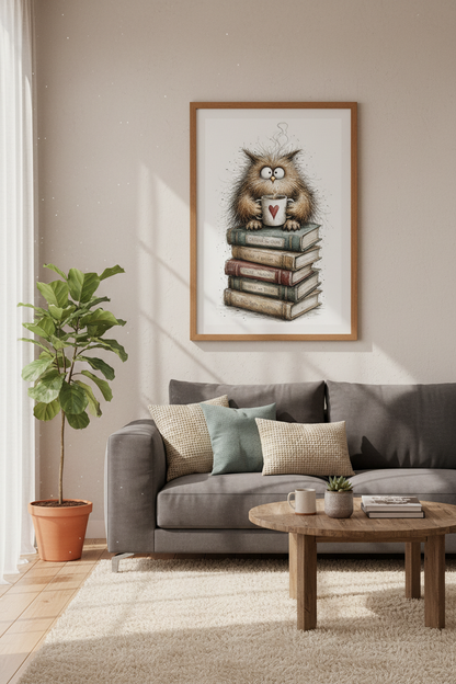 Funny Owl Coffee &amp; Books Wall Art | Dark Academia Decor | Whimsical Sketch Poster