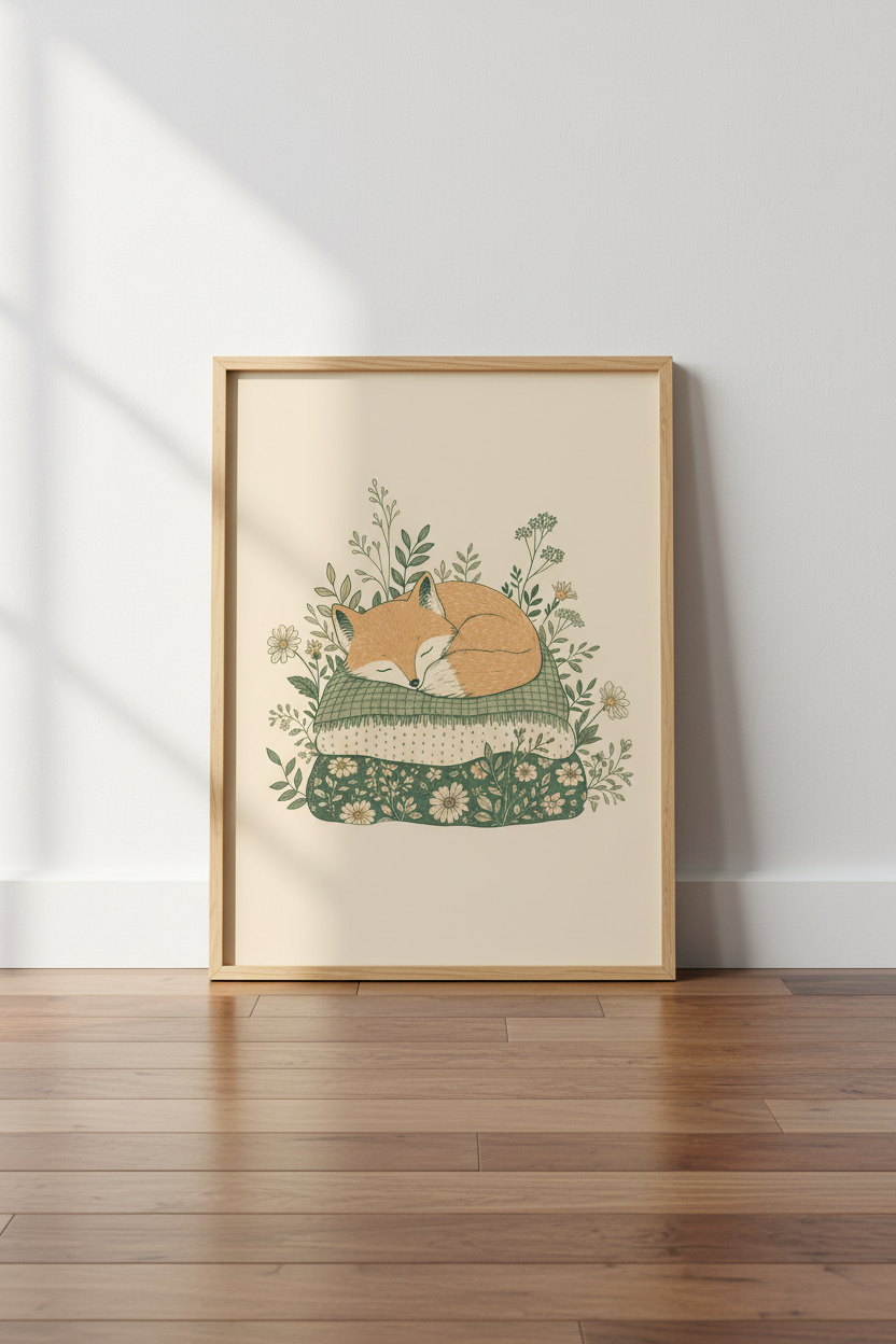 Sleeping Fox on Pillows Wall Art | Cottagecore Nursery Decor | Woodland Poster